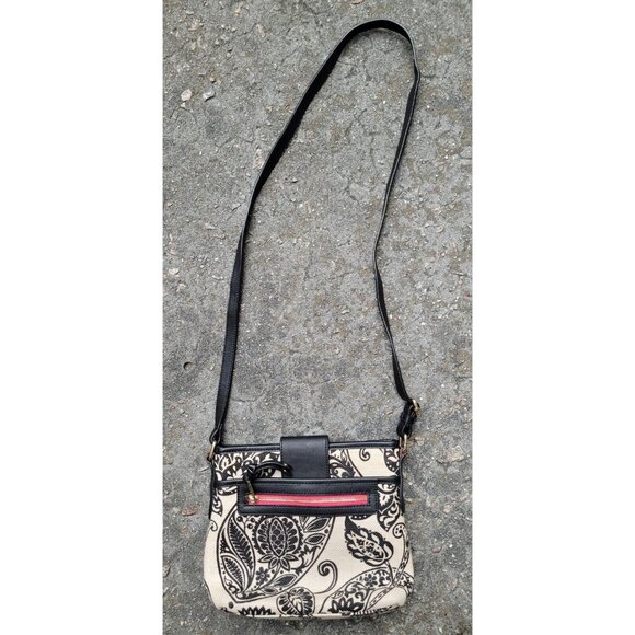 Spartina 449 Crossbody Hipster Purse Linen & Leather Black Cream Paisley Nice! - Picture 2 of 9